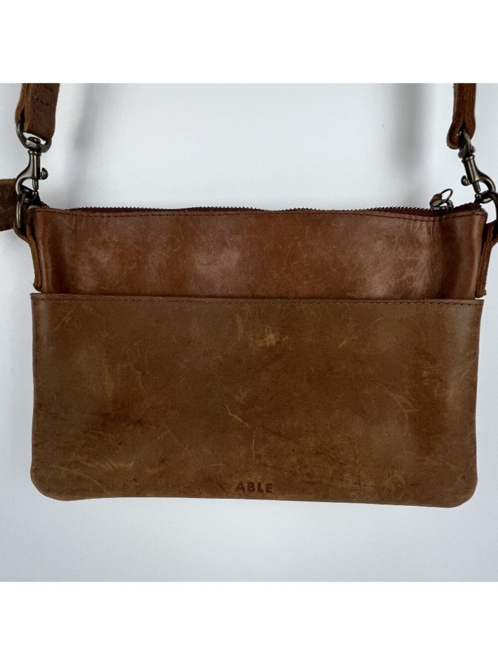 ABLE Martha Crossbody Bag – Tan Brown Leather Purse Adjustable Strap Zipper